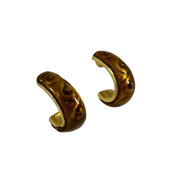 Half Hoop Earrings Brown Swirl Design Gold Tone Pierced Retro Style - Picture 9 of 9